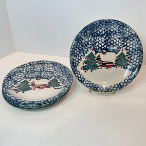 Folk Craft "CABIN IN THE SNOW" 8” Salad Plate SET OF 4 Winter Holiday Christmas